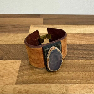 Geode gemstone leather cuff with metal flask good luck penny 2002 on the inside